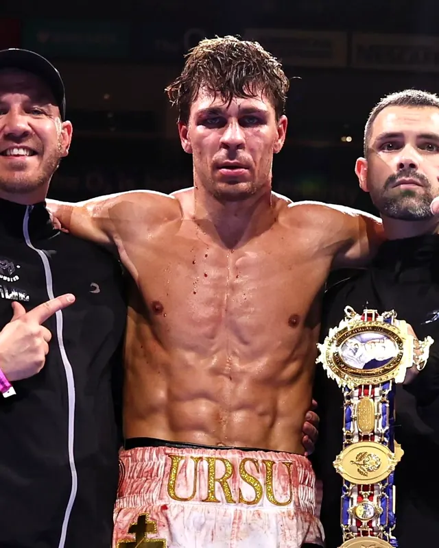 Constantin Ursu, unbeaten British and Commonwealth and WBO European boxing champion, with his belts
