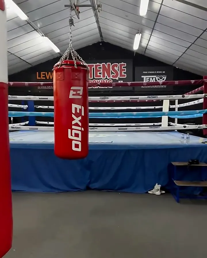 Empty boxing ring, Exigo bags and Intense Boxing / sponsor banners in the Plymouth gym